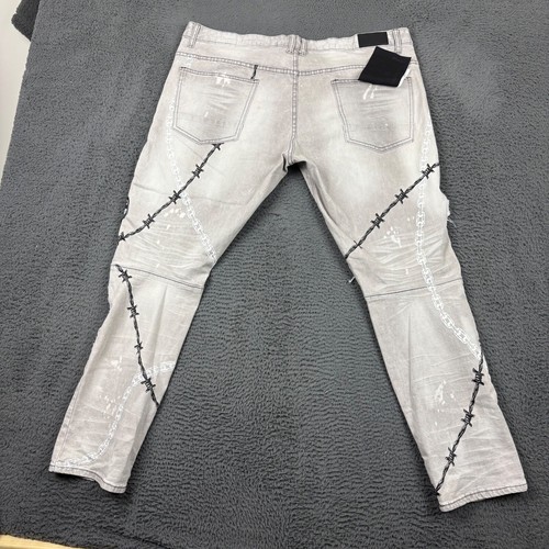 Smoke Rise Mens Jeans 42x32 Slim Fit Gray Distressed Graphics Barbwire Stretch - Picture 10 of 13