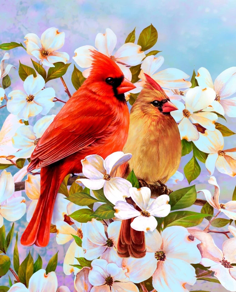 35" Fabric Panel | David Textiles Digital Cardinal Birds on Dogwood Flowers