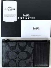 Coach Black Zip Card Case Signature Canvas  Leather C4281 NWT