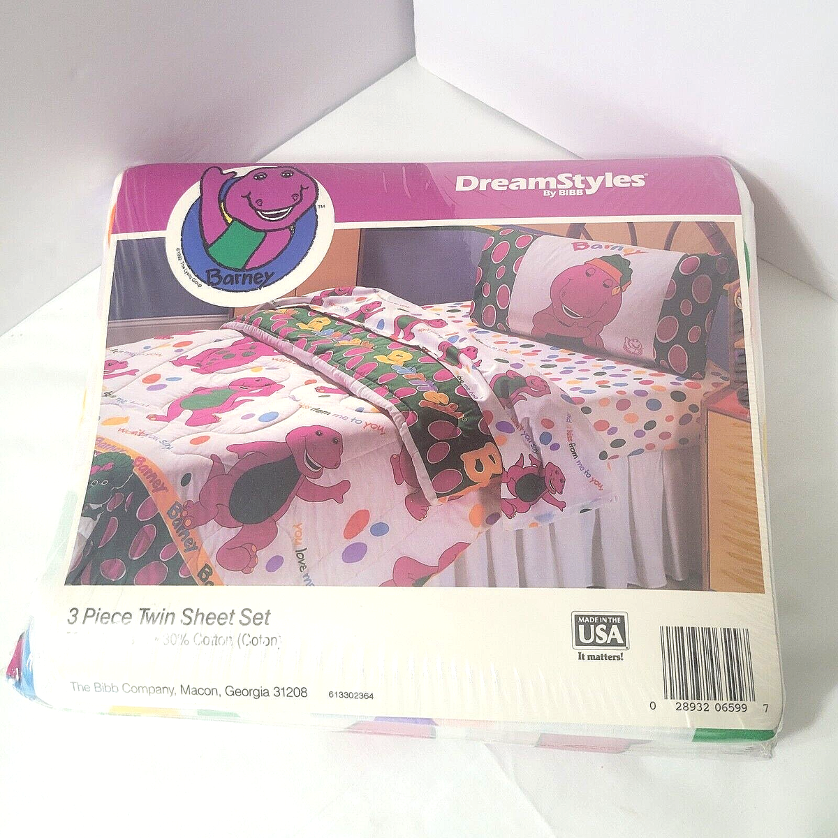 Barney Twin Sheet Set NEW 3 Pieces Fitted Flat Sheet Pillowcase