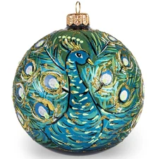 Turquoise Peacock Christmas Glass Ball Ornament Bauble Made in Ukraine 4"