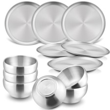 Reusable Kids Dinnerware Set - 12 Stainless Steel Plates & Bowls, Dishwasher