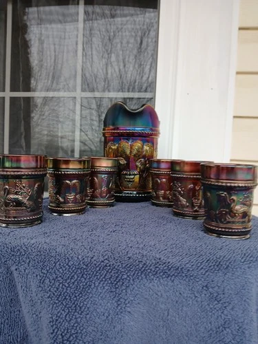 Northwood peacocks at the fountain carnival glass waterset,,,AMAZING PURPLE