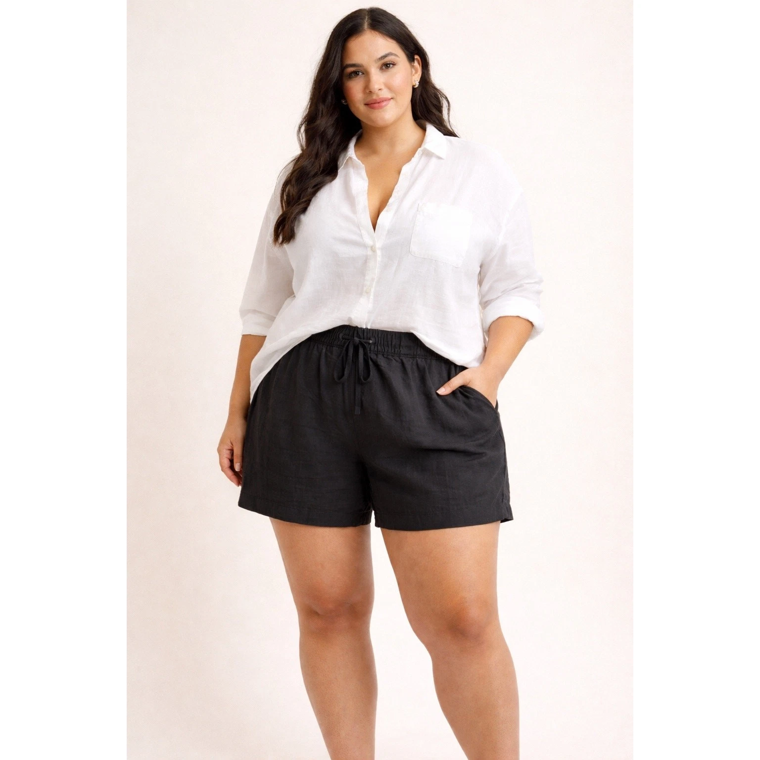 Tahari Linen Shorts Plus 2X Black Pull On Drawstring Pockets Coastal 6” inseam