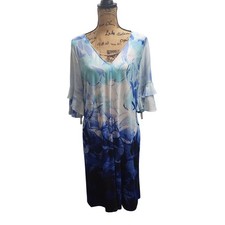 Calvin Klein Women's Blue Floral Print Midi Dress Size L Ruffled Sleeves V-Neck