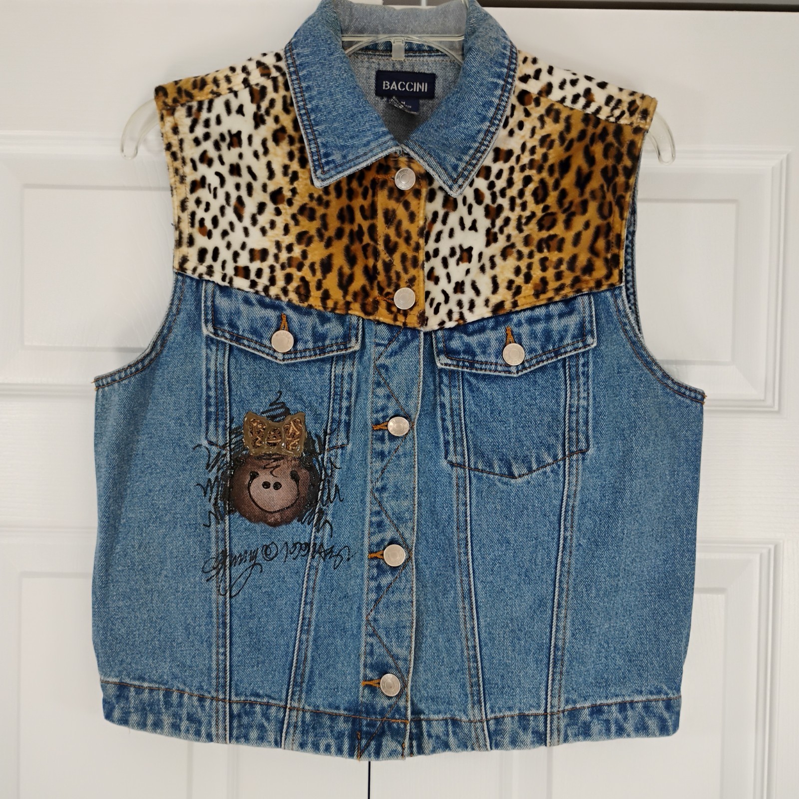 Vintage Denim Vest Women M Leopard Print Yoke Baccini Y2K 90s Jean Collared