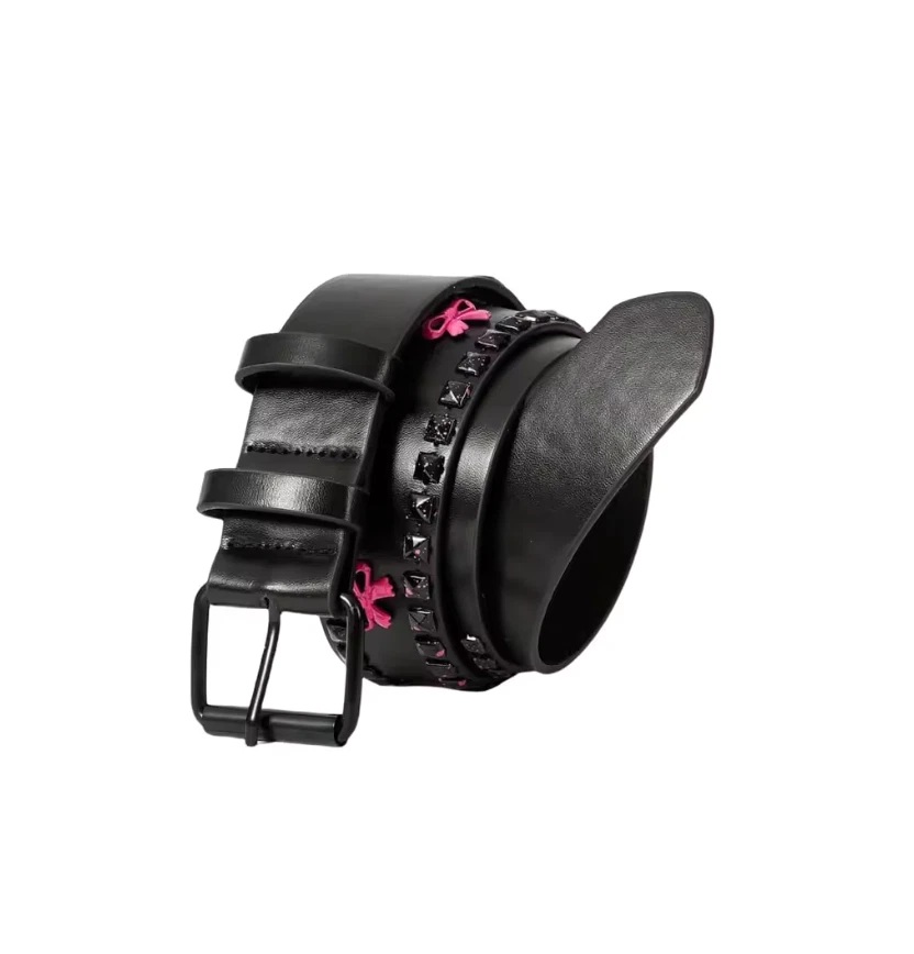 Cinturón Negro Tachonado Rosa Lazo Y2K 100cm - Escena Emo Harajuku Grunge Punk Estética Foto 3 de 4