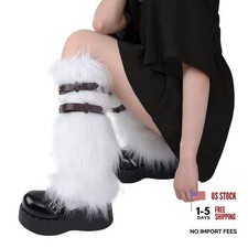 Faux Fur Fuzzy Leg Warmers with Adjustable Elastic Band, Fluffy Boot White a