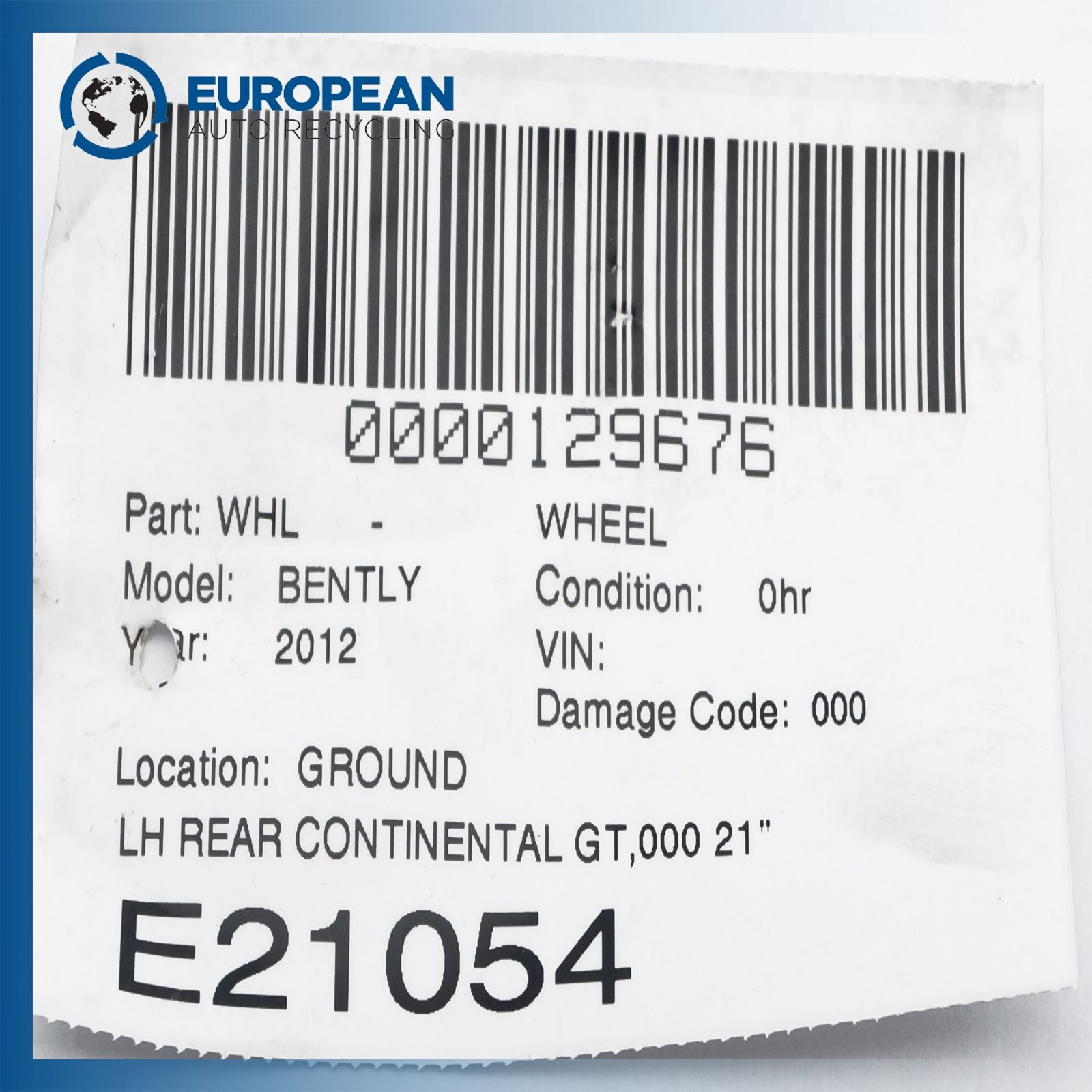 2012 BENTLEY CONTINENTAL 21x9.5 Rear Wheel Rim - OEM 3W0601025CR
