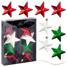 Christmas baubles, stars, 8 pieces, 6.5 cm, shatterproof, red, white,...