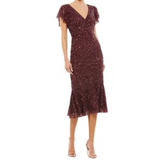 Mac Duggal Sequined V Neck Flutter Cap Sleeve Trumpet Dress A10801 Women’s Sz 2