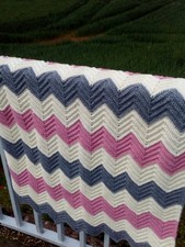 Handmade Crochet Baby Blanket Pink Grey Cream Thick Soft Wool Blend 31x36 inches