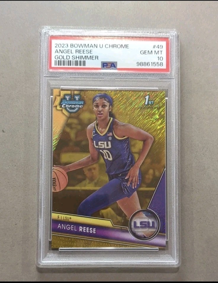 Angel Reese 1st 2023 Bowman U Chrome Gold Shimmer #4/50 PSA 10 LSU Dream USA RC view 2