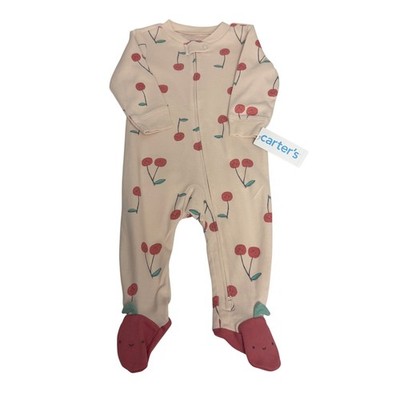 Carters 9M Pink Cherry Print Cotton Footed Pajamas 2-Way Zip Sleep Play NWT