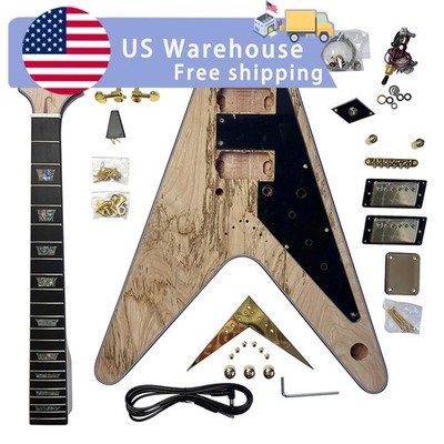 DIY Electric Guitar Kits V Bridge Bolt On Spalted Maple Top Bone Nuts FREE SHIP