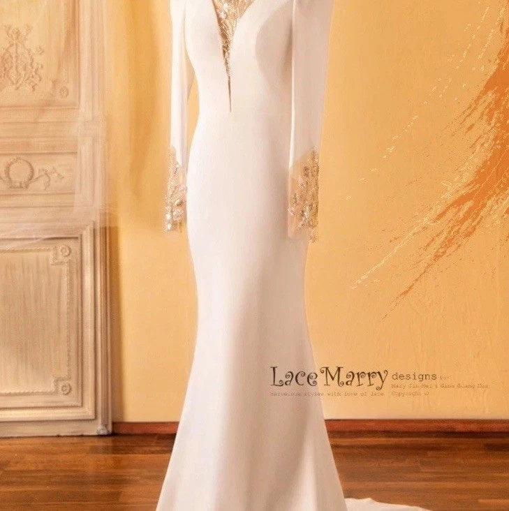 Lace Marry Wedding Dress Longsleeve Beading Low Lace-up Back Size 8 Size 10 - Image 4 of 4