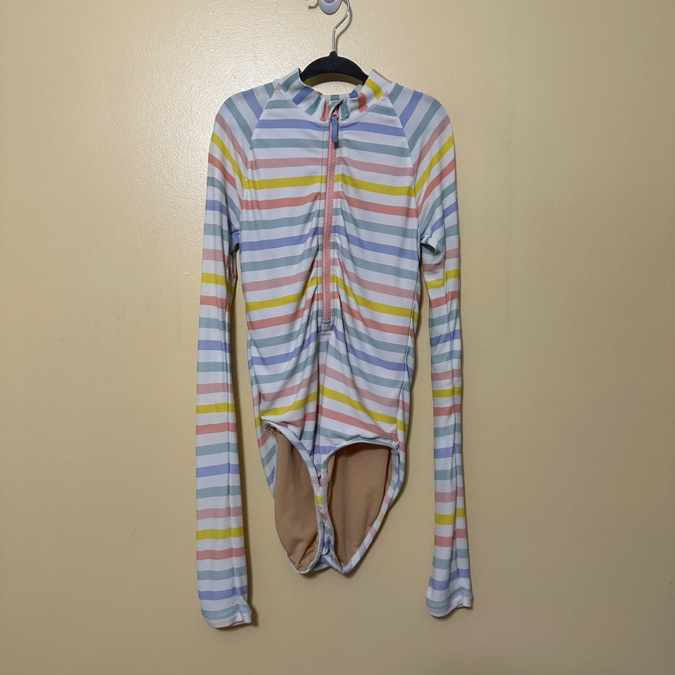 Crewcuts Striped Rash Guard Long Sleeve Swimsuit Girls Size 8 UPF 50+ Pastel - Image 2 of 4