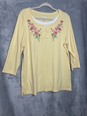 Decorated Originals XL Yellow Floral Embroidered Bee Top 3/4 Sleeve