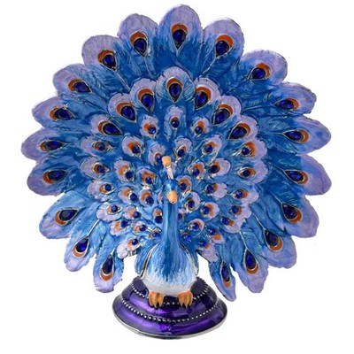 Silver Crystal Enameled Peacock Jewelry Box, Hand-Painted Hinged Blue Peafowl...