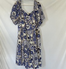 NEW Vince Camuto Floral-Print Puffed-Sleeve Dress Women's 22W Blue Zip Closure