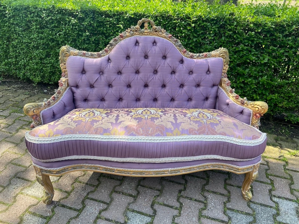 Sofa French Louis XVI Gold Gilt Beech Purple Damask Vintage Couch Settee
Opens in a new window or ta