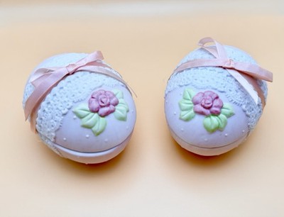 Vintage Enesco Easter Egg Trinket Box Pair Floral Ribbon Bisque Porcelain 1986
