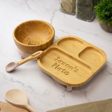 Personalised Bamboo Childrens Dining Set Plate Spoon & Bowl - Custom Engraved