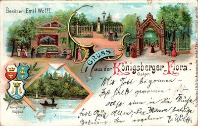 LITHO GRUSS AUS OSTPREUSSEN KÖNIGSBERG GASTHAUS FLORA BES. E. WOLFF COL. 1899