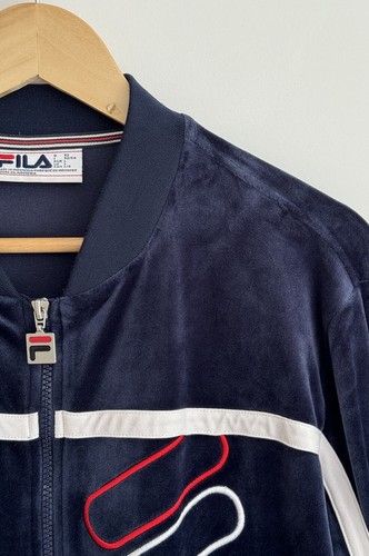 Traje de Pista Fila Top Años 80 Clásico Chaqueta con Cremallera Azul Marino Grande Terciopelo - Imagen 6 de 13