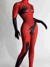 Full Red Rhinestone Jumpsuits Stage Wear Outfit Party Costume Gloves Bodysuits