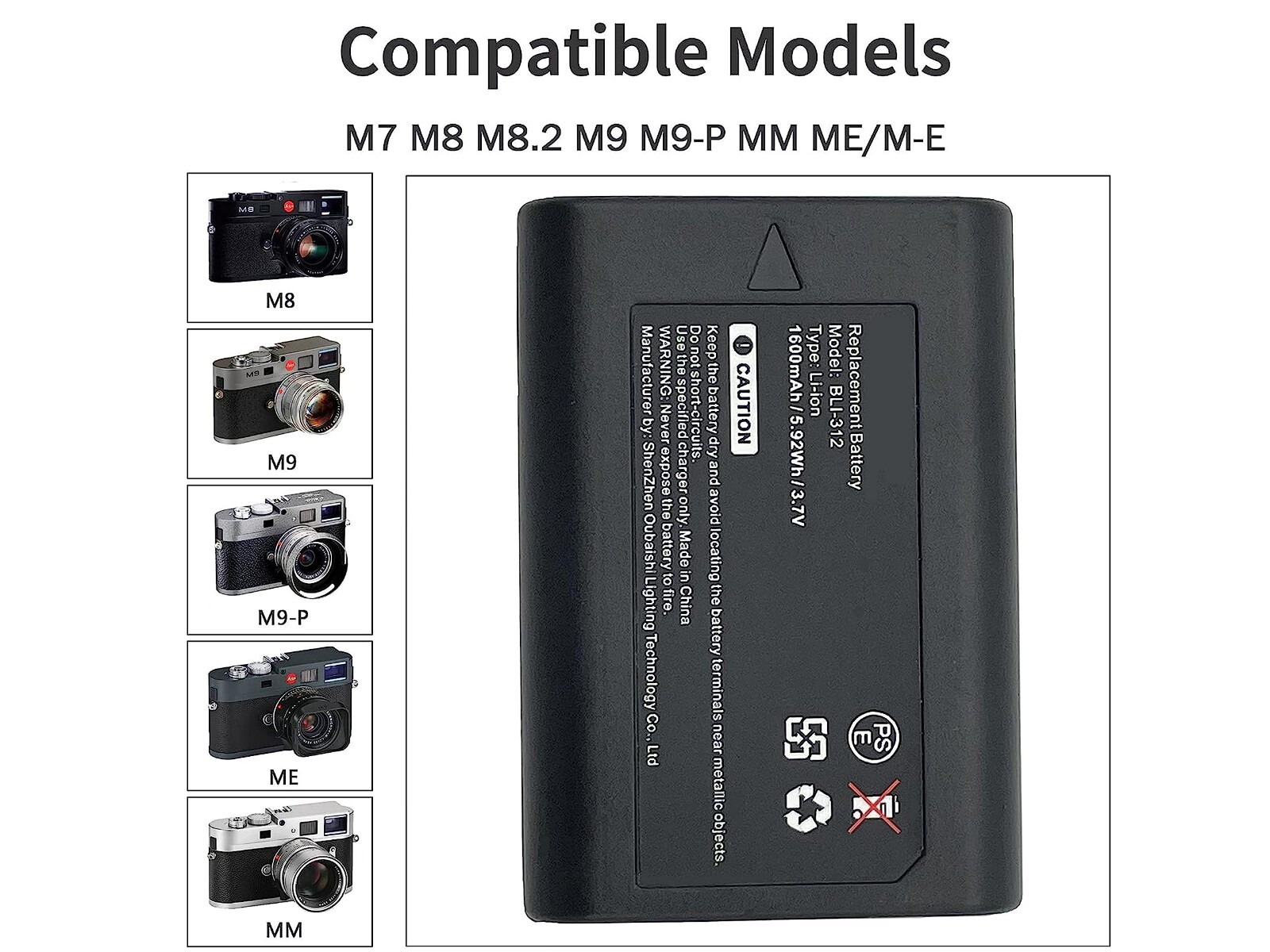 Battery for Leica BM8, M8, M8.2, M9  14464 P/N: BLI-312