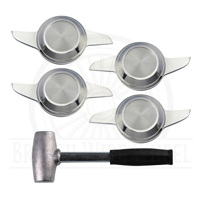 2 Bar Swept Cut Chrome Knock Off Spinner Caps for Lowriders, Set of 4 + Hammer