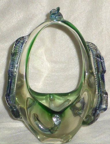 Vintage Murano Studio Green and Blue Posy Glass Basket, Original Label 1960s