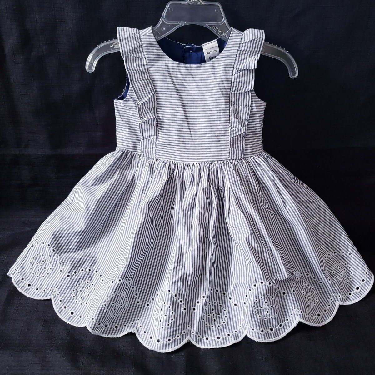 Carters 9M Baby Girl Dress Diaper Cover Navy Blue White Stripe Eyelet Easter
