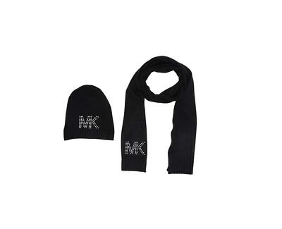 Michael Kors Womens Dome Studded Scarf Hat Set (Black/Silver)