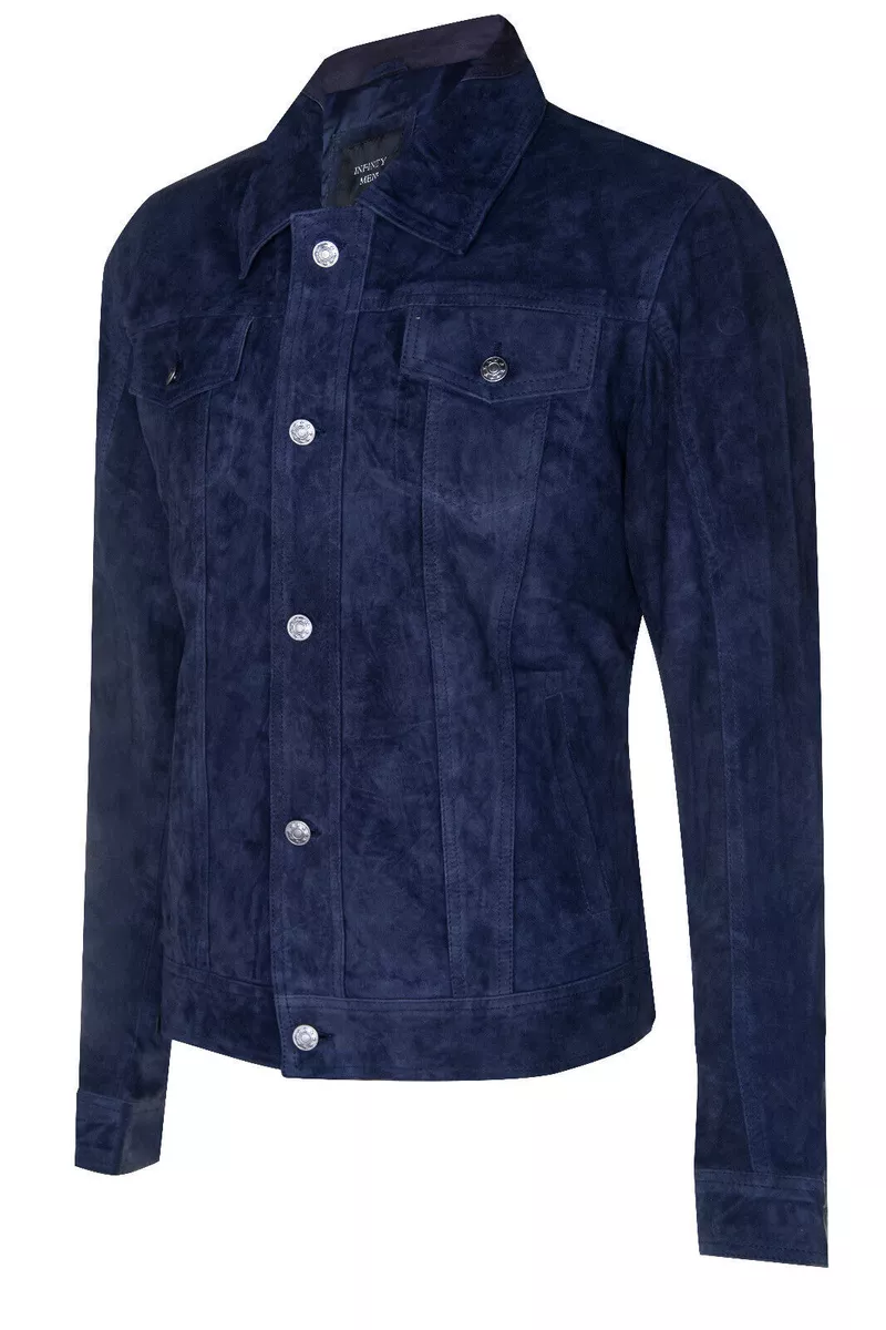 Men s Navy Blue Goat Suede Jeans Jacket Trucker Casual Denim Leather Shirt
