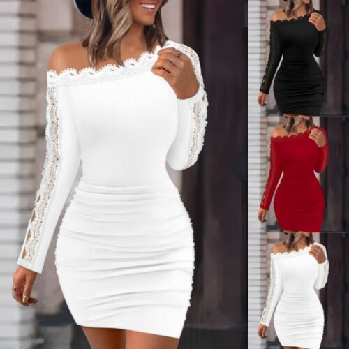 Sexy Women's Off Shoulder Party Dress Lace Long Sleeve Bodycon Mini Hip Dresses
