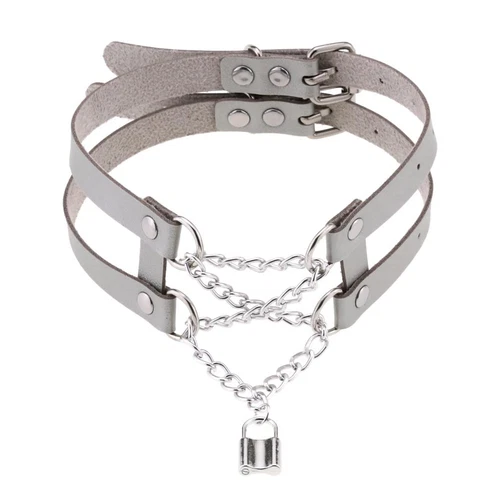 Double Belt Punk Choker with Cross Chain Lock Pendant Gothic Collar - Picture 16 of 37