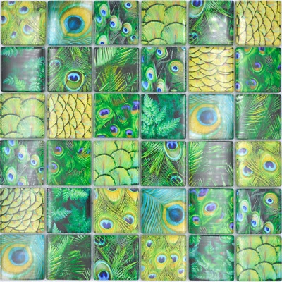Mosaïque en Verre Carrelage Vert Forêt Paon Miroir Küchenwand Paroi de Douche - Photo 1/3