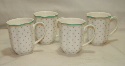 Grace Teaware Set of Four Porcelain Coffee Mugs White / Gray Dots Aqua Trim  New
