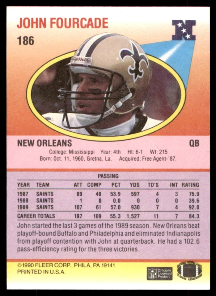 1990 Fleer John Fourcade New Orleans Saints #186 - Image 2 of 2
