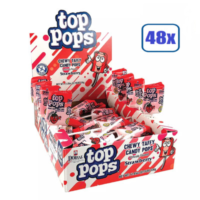Full Box 48x Pops Dorval Top Pops Strawberry Chewy Taffy Candy Pops - .35oz