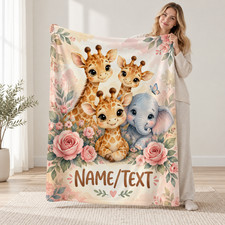 Watercolor Giraffe Elephant Floral Coral Fleece Blanket Personalized Decor