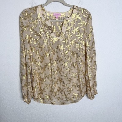 Lilly Pulitzer Silk Top Shirt Women s XS Gold Star Fish Sheer Blouse Metallic S