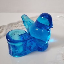 Vtg 1991 Blue Bird of Happiness Signed Ron Ray Art Glass Candle Holder Figurine