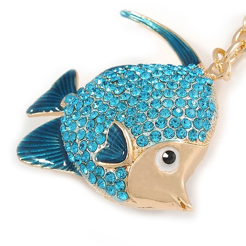 Azure Blue Crystal, Teal Enamel Fish Keyring/ Bag Charm In Gold Tone Metal - - Picture 2 of 4