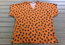 Vtg Spooky Spider Print Nursing Scrub  Orange Halloween V-Neck Uniform Top L