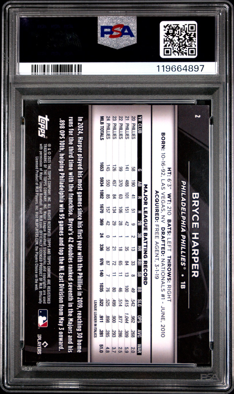 2025 TOPPS CHROME BLACK BLUE LAVA #2 BRYCE HARPER 25/150 PSA 8 view 2