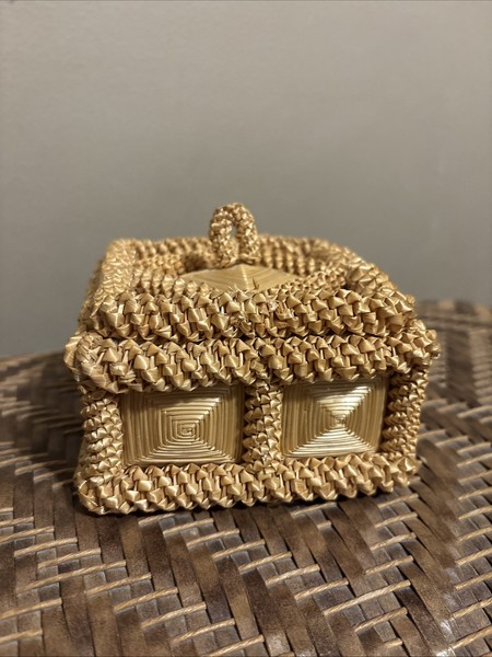 Vintage MCM Rattan Straw Raffia Trinket Box Lined W/Floral Paper