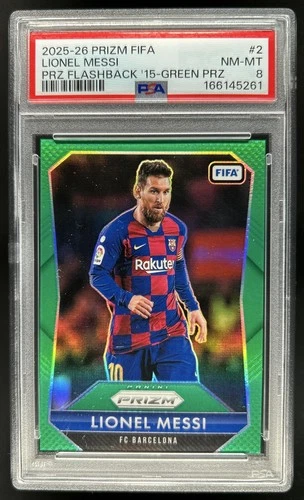 2025-26 Panini Prizm FIFA Lionel Messi 2015 Flashback Green Prizm #/5 PSA 8